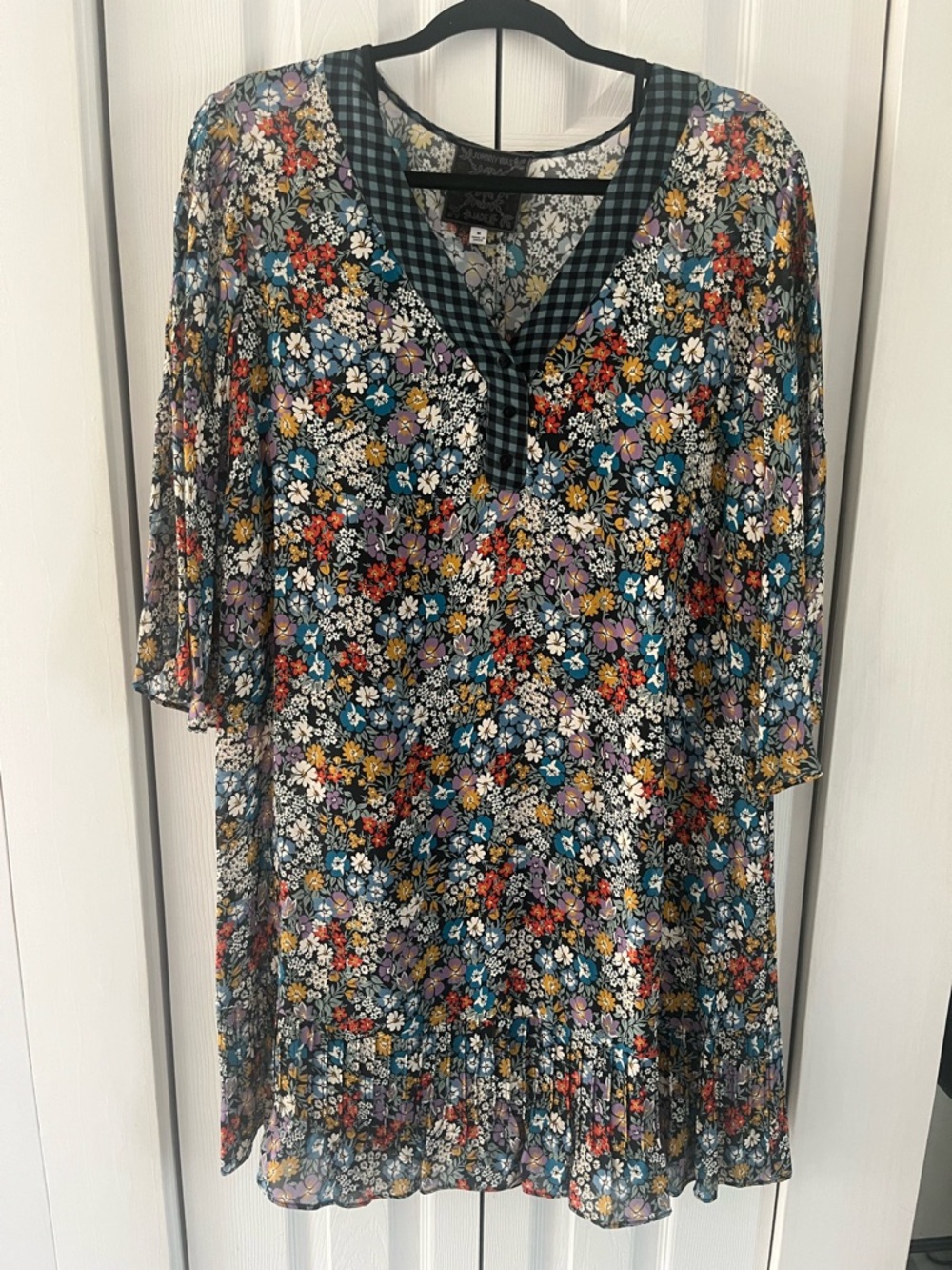 Johnny Was Multicolor Floral & Teal Gingham V-Neck Tunic dress Sz M